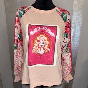 Dolly Parton Upcycled Ladies Pink Sweatshirt Big Floral Sleeves Country Western